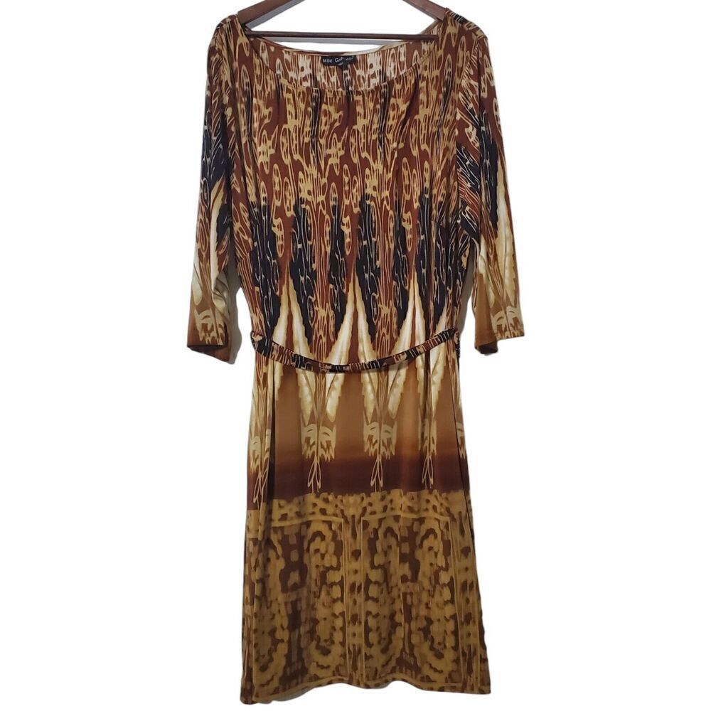 Mlle Gabrielle Belted Sheath Dress Size 3X Tan Brown Native Abstract Womens